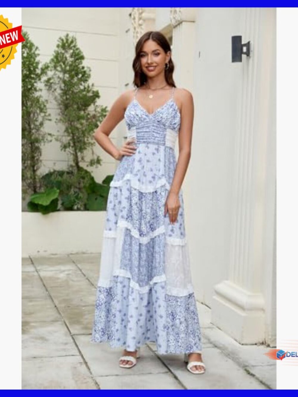 Floral Patchwork Maxi Dress V Neck Sleeveless Cross Back Tiered Sundress - Picture 3 of 7